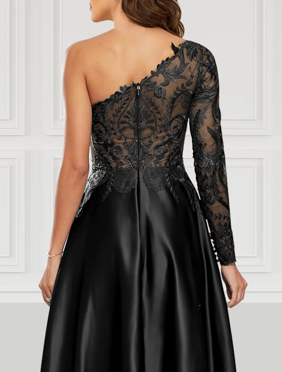 Luolandi A-Line Prom Dresses Black Dress Party Wear Floor Length Long Sleeve One Shoulder Satin