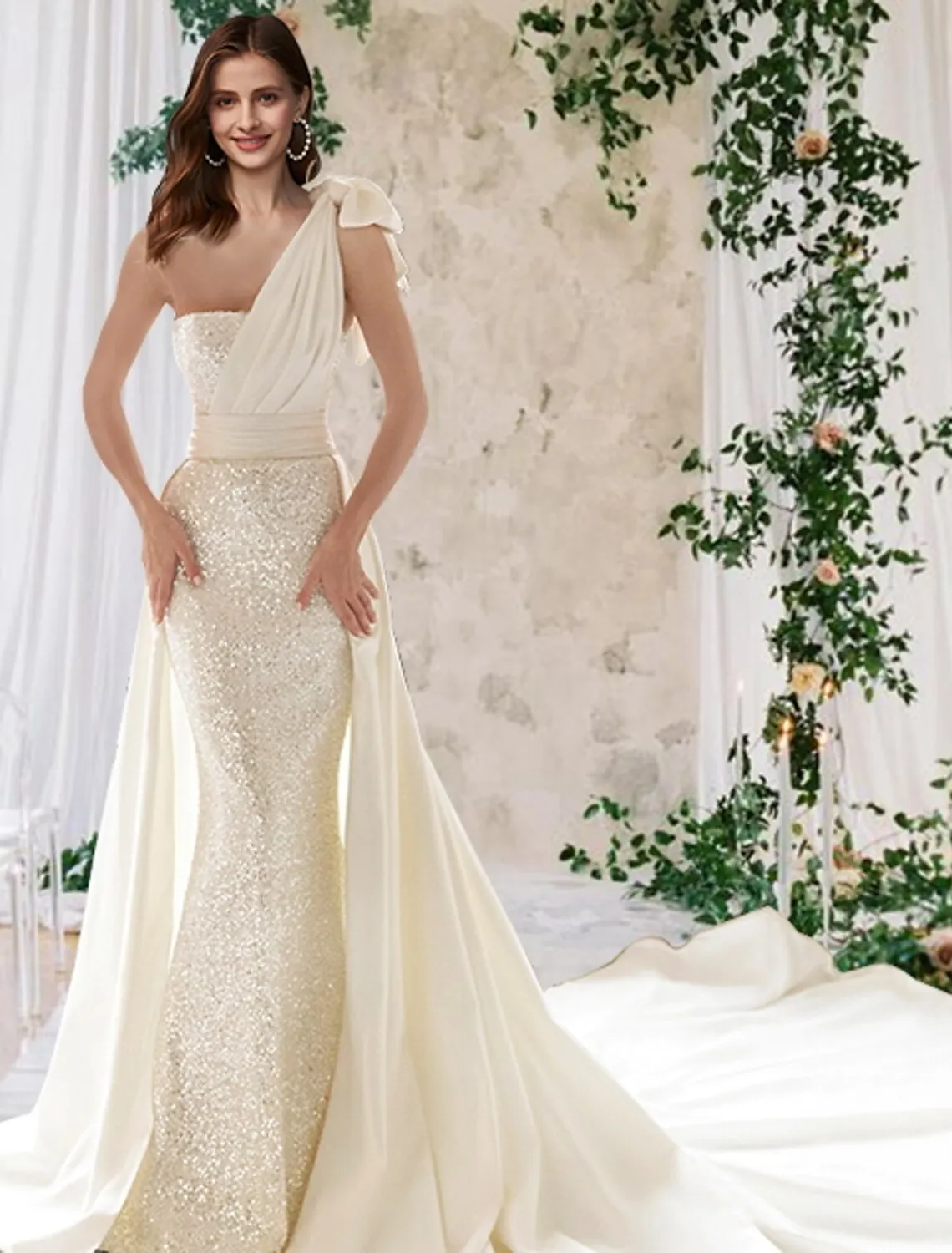 Luolandi Engagement Sparkle & Shine Formal Wedding Dresses Mermaid / Trumpet One Shoulder Sleeveless Court Train Satin Bridal Gowns