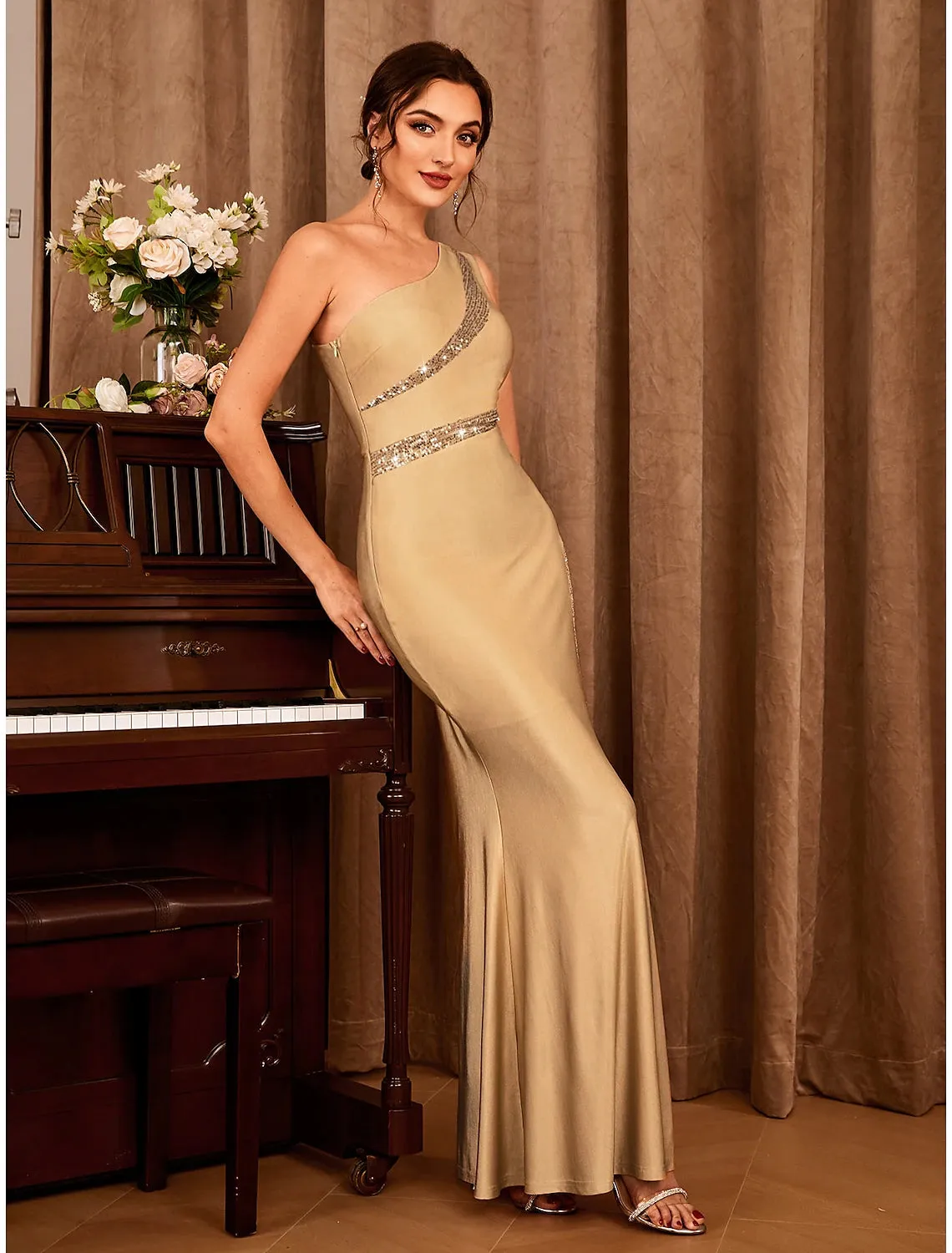 Luolandi Mermaid / Trumpet Party Dresses Sexy Dress Wedding Party Floor Length Sleeveless One Shoulder Stretch Satin