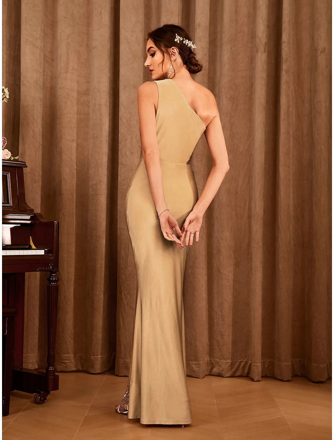 Luolandi Mermaid / Trumpet Party Dresses Sexy Dress Wedding Party Floor Length Sleeveless One Shoulder Stretch Satin