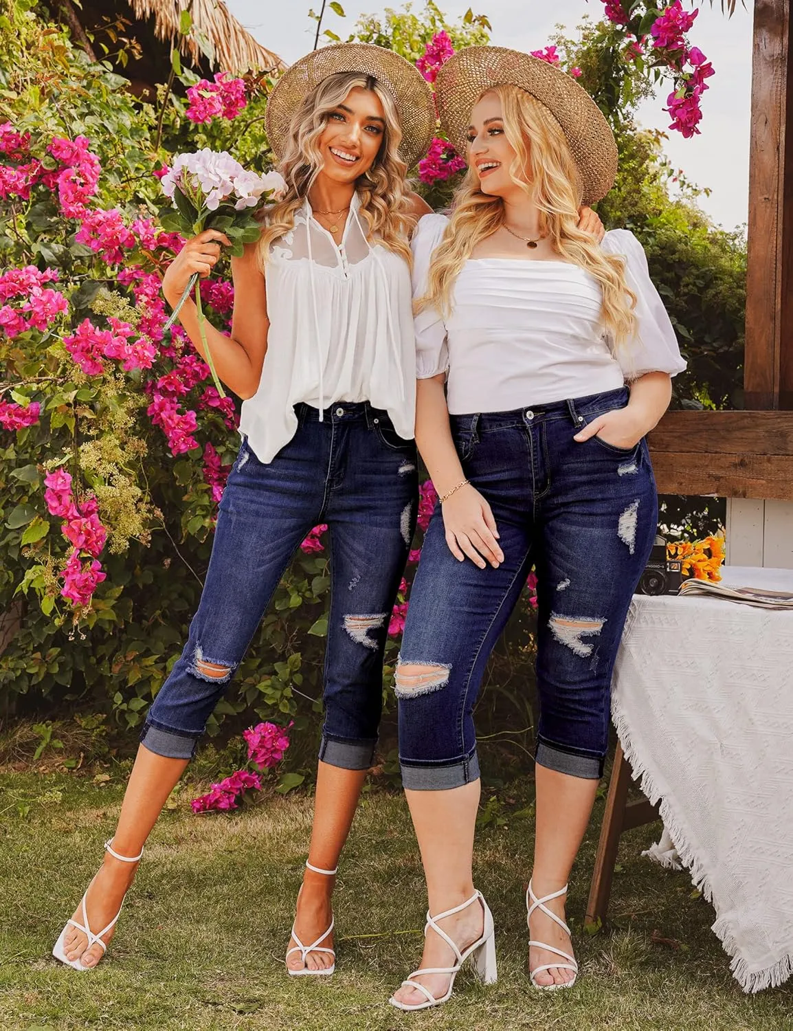 luvamia Capri Jeans for Women Stretch High Waisted Distressed Denim Capris Ripped Skinny Cropped Pants