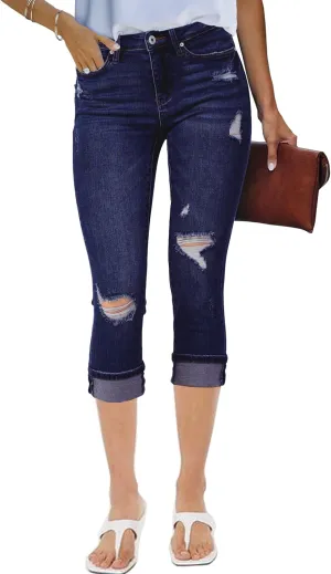 luvamia Capri Jeans for Women Stretch High Waisted Distressed Denim Capris Ripped Skinny Cropped Pants