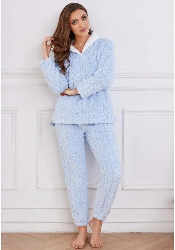 LYCY Fluffy Pajamas set for Women Fleece Pullover 2 Piece Pjs Set Soft Plush Sleepwear Winter Loungewear