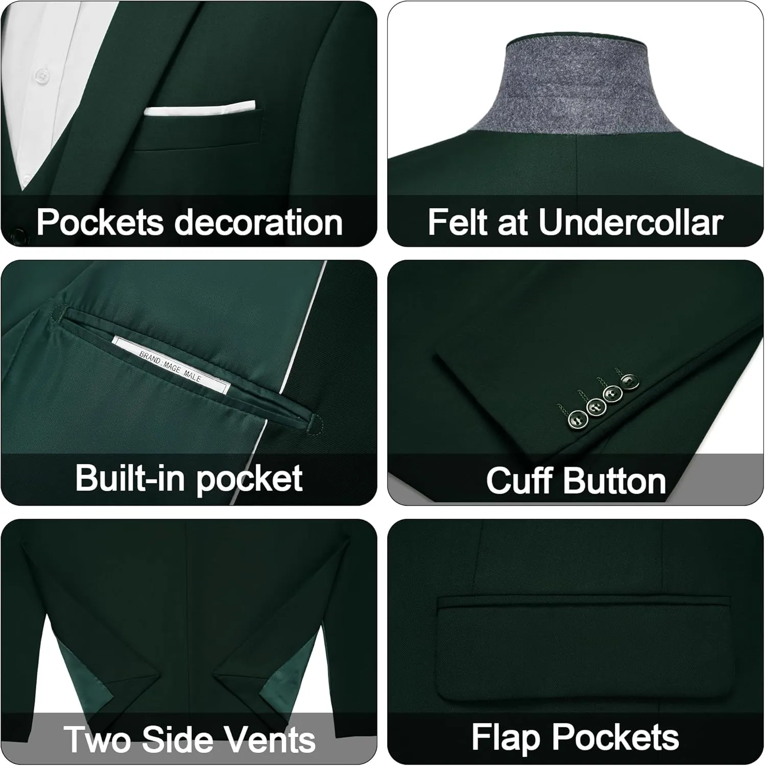 MAGE MALE Men's 3 Pieces Suit Elegant Solid One Button Slim Fit Single Breasted Party Blazer Vest Pants Set
