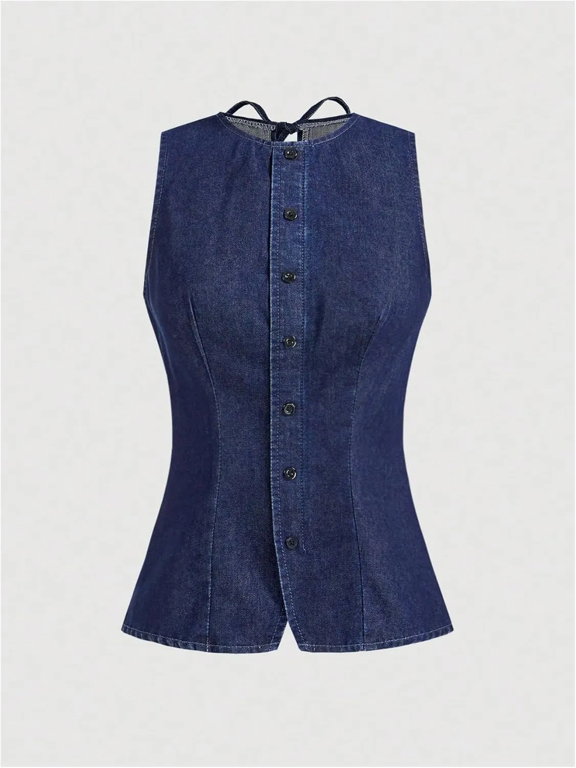 MakeMeChic Women's Denim Top Bow Tie Front Crew Neck Button Down Sleeveless Jean Vest Waistcoat