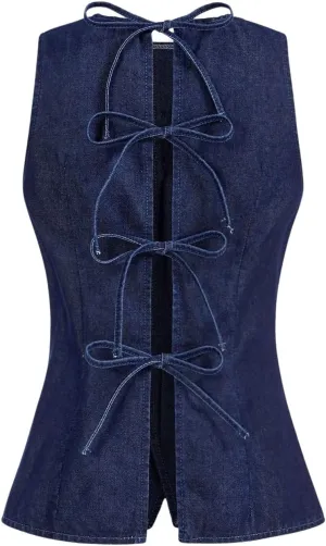 MakeMeChic Women's Denim Top Bow Tie Front Crew Neck Button Down Sleeveless Jean Vest Waistcoat