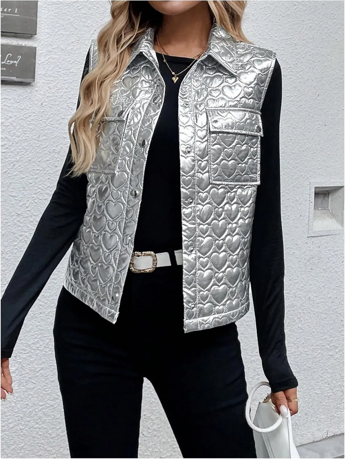 MakeMeChic Women's Metallic Sleeveless Button Down Vest Collared Pocket Jacket