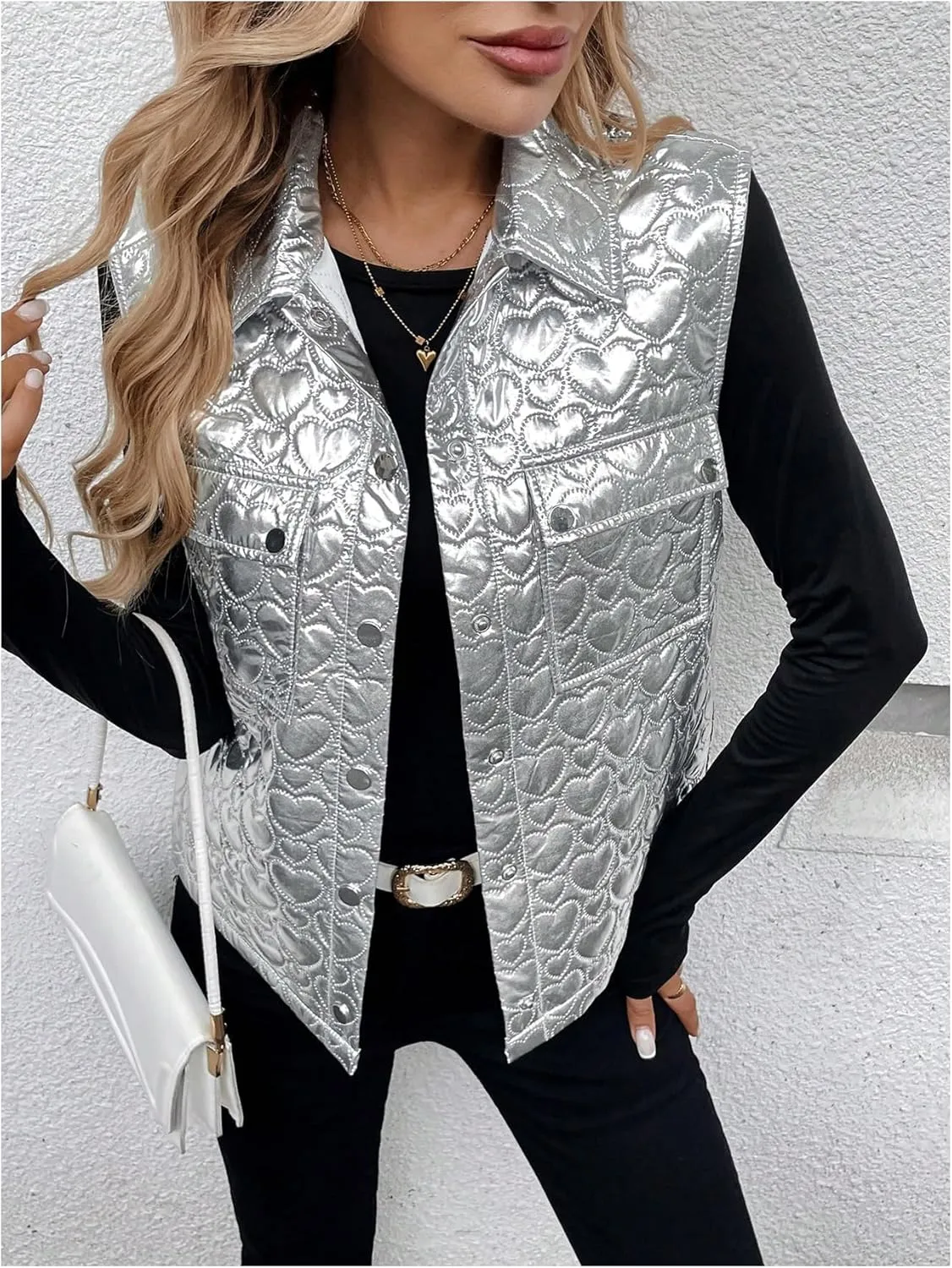 MakeMeChic Women's Metallic Sleeveless Button Down Vest Collared Pocket Jacket