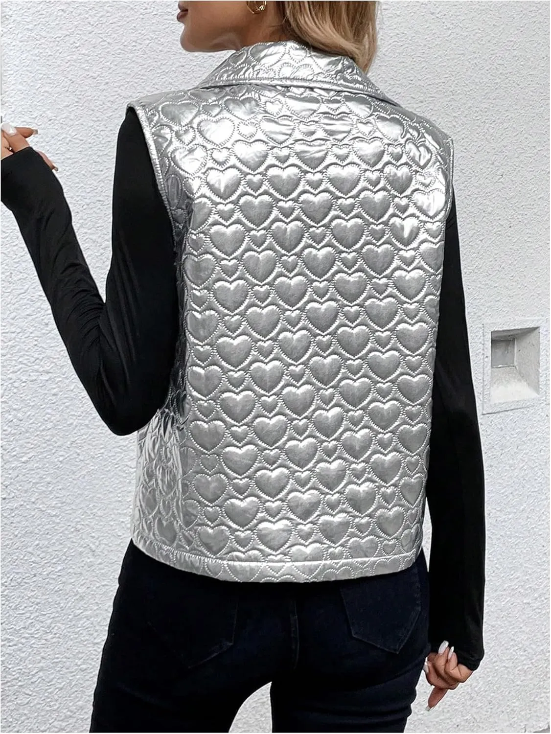 MakeMeChic Women's Metallic Sleeveless Button Down Vest Collared Pocket Jacket