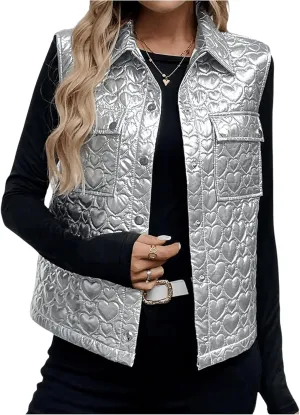 MakeMeChic Women's Metallic Sleeveless Button Down Vest Collared Pocket Jacket