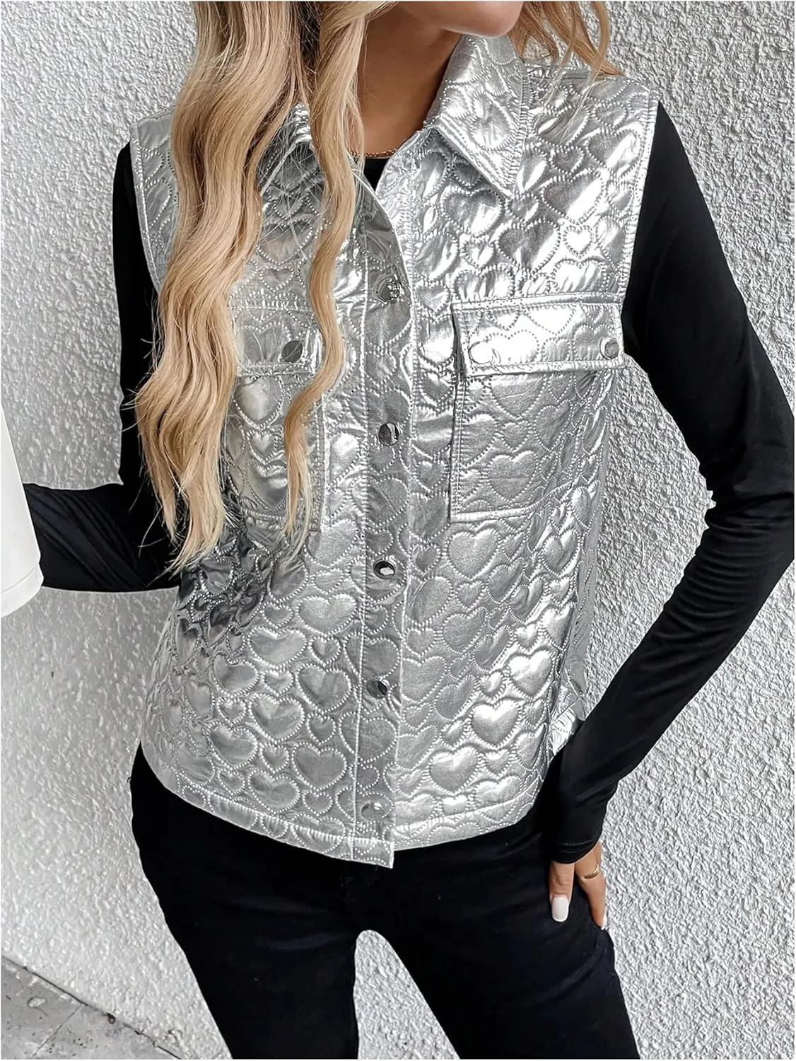 MakeMeChic Women's Metallic Sleeveless Button Down Vest Collared Pocket Jacket