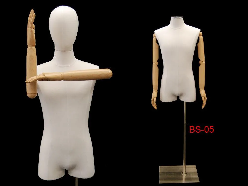 Male Pure White Linen Dress Form with Arms MM-M1WLARM