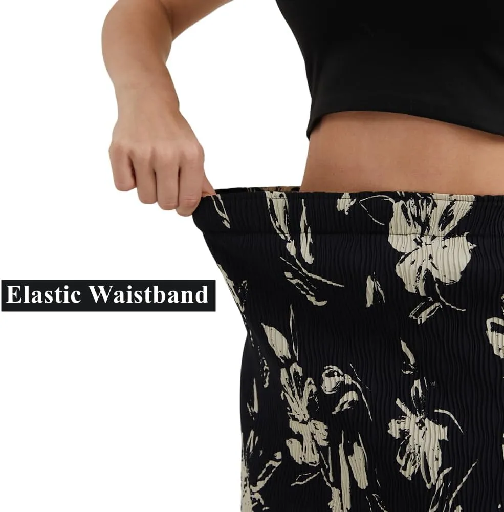 Maxi Skirts for Women with Slit Long Midi Length Floral Elastic Pleated Skirt for Party Holiday