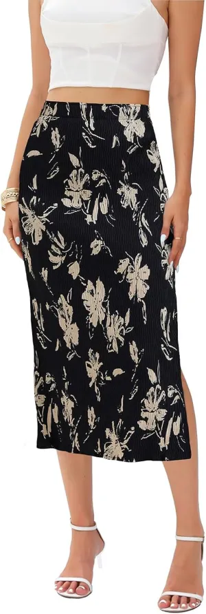 Maxi Skirts for Women with Slit Long Midi Length Floral Elastic Pleated Skirt for Party Holiday