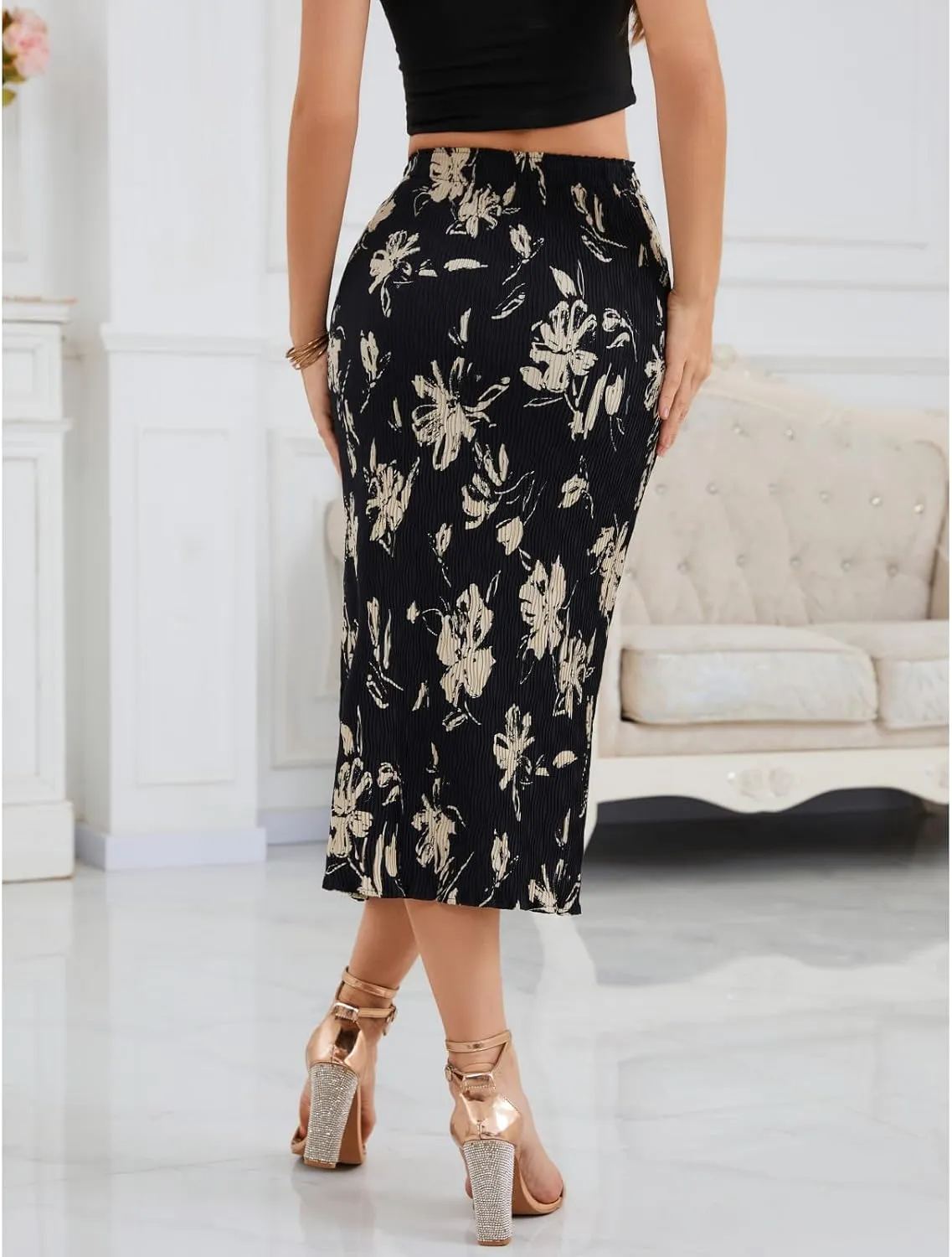 Maxi Skirts for Women with Slit Long Midi Length Floral Elastic Pleated Skirt for Party Holiday