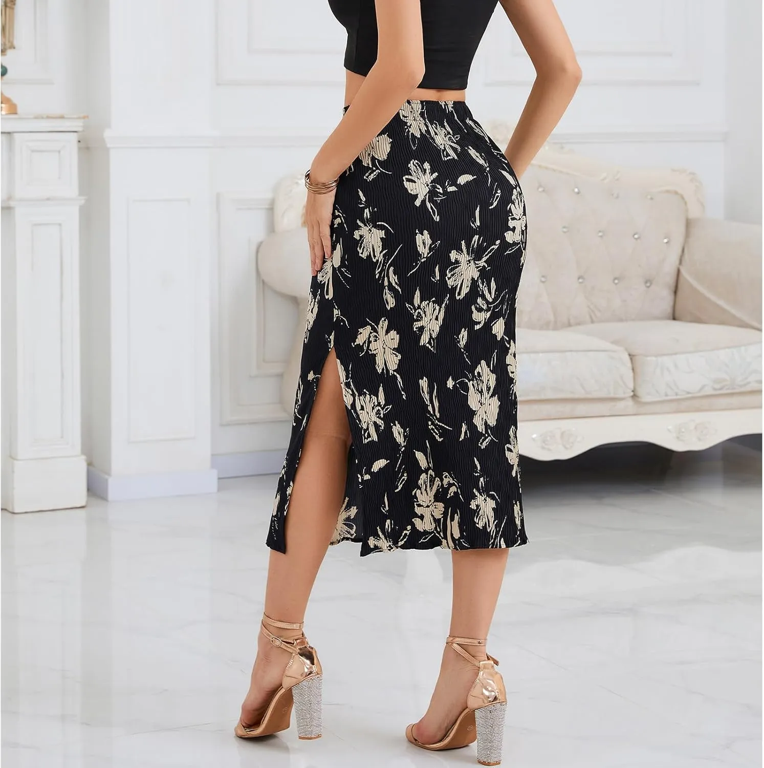 Maxi Skirts for Women with Slit Long Midi Length Floral Elastic Pleated Skirt for Party Holiday