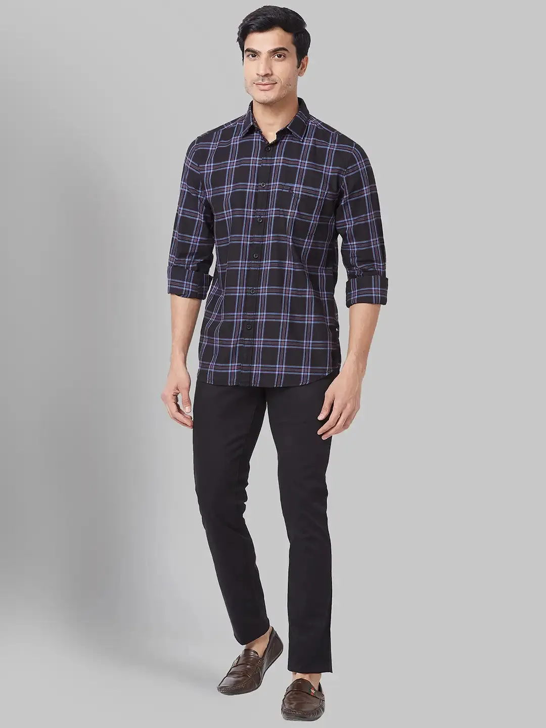 Men Black Slim Fit Checks Cotton Full Sleeve Shirts