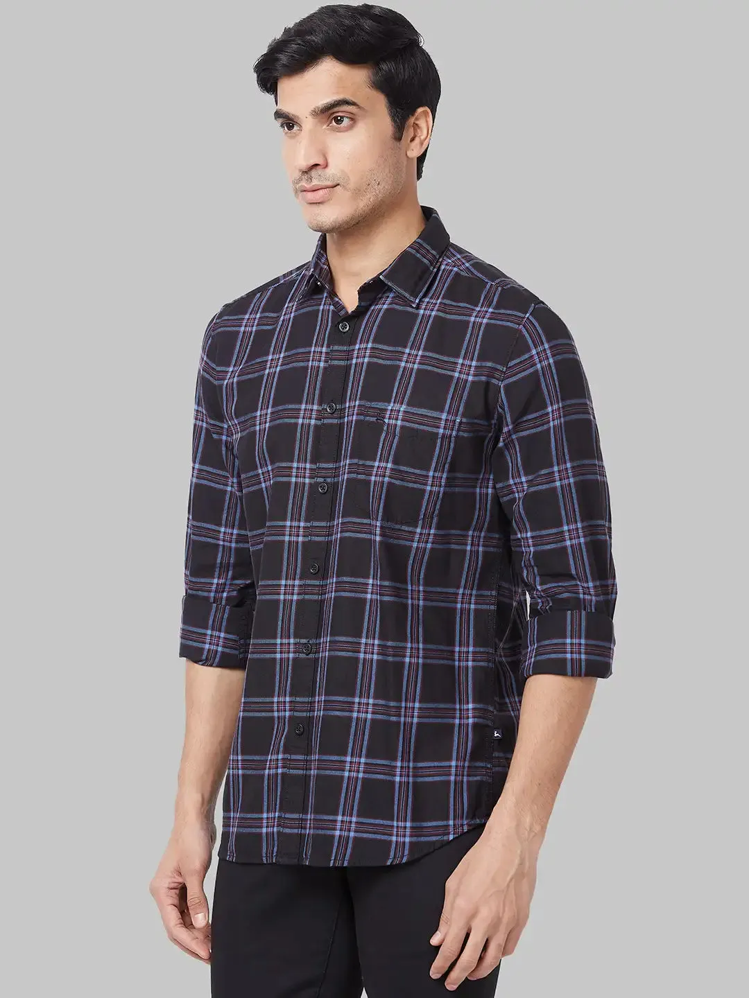 Men Black Slim Fit Checks Cotton Full Sleeve Shirts