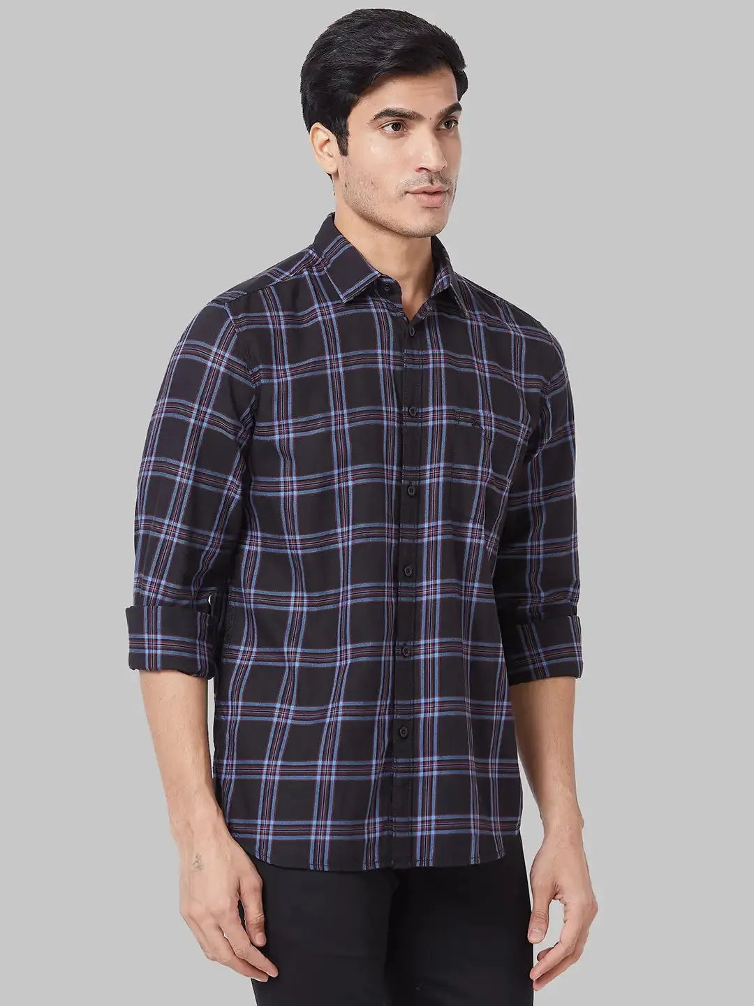 Men Black Slim Fit Checks Cotton Full Sleeve Shirts