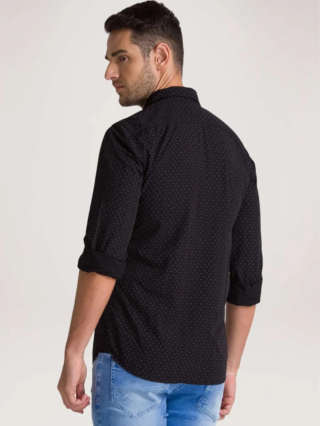 Men Black Slim Fit Print Bamboo Microfiber Blend Full Sleeve Shirts
