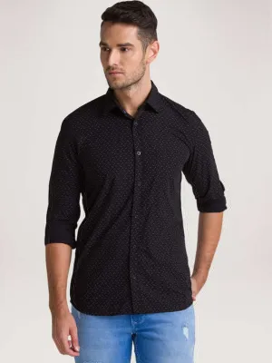Men Black Slim Fit Print Bamboo Microfiber Blend Full Sleeve Shirts
