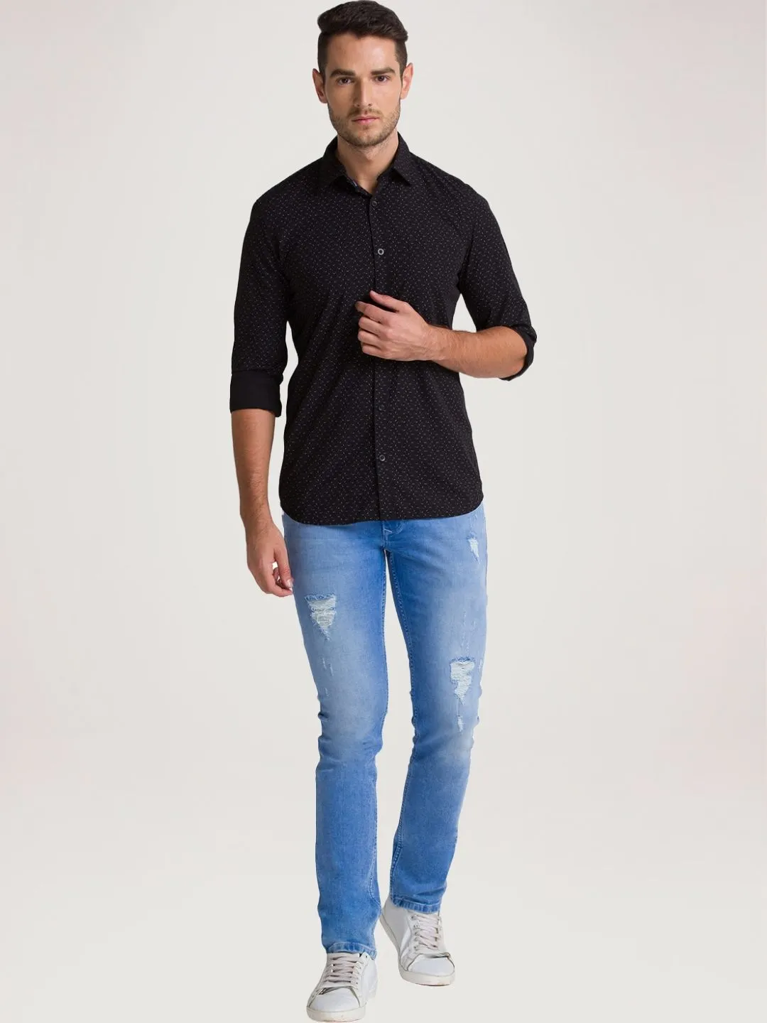 Men Black Slim Fit Print Bamboo Microfiber Blend Full Sleeve Shirts