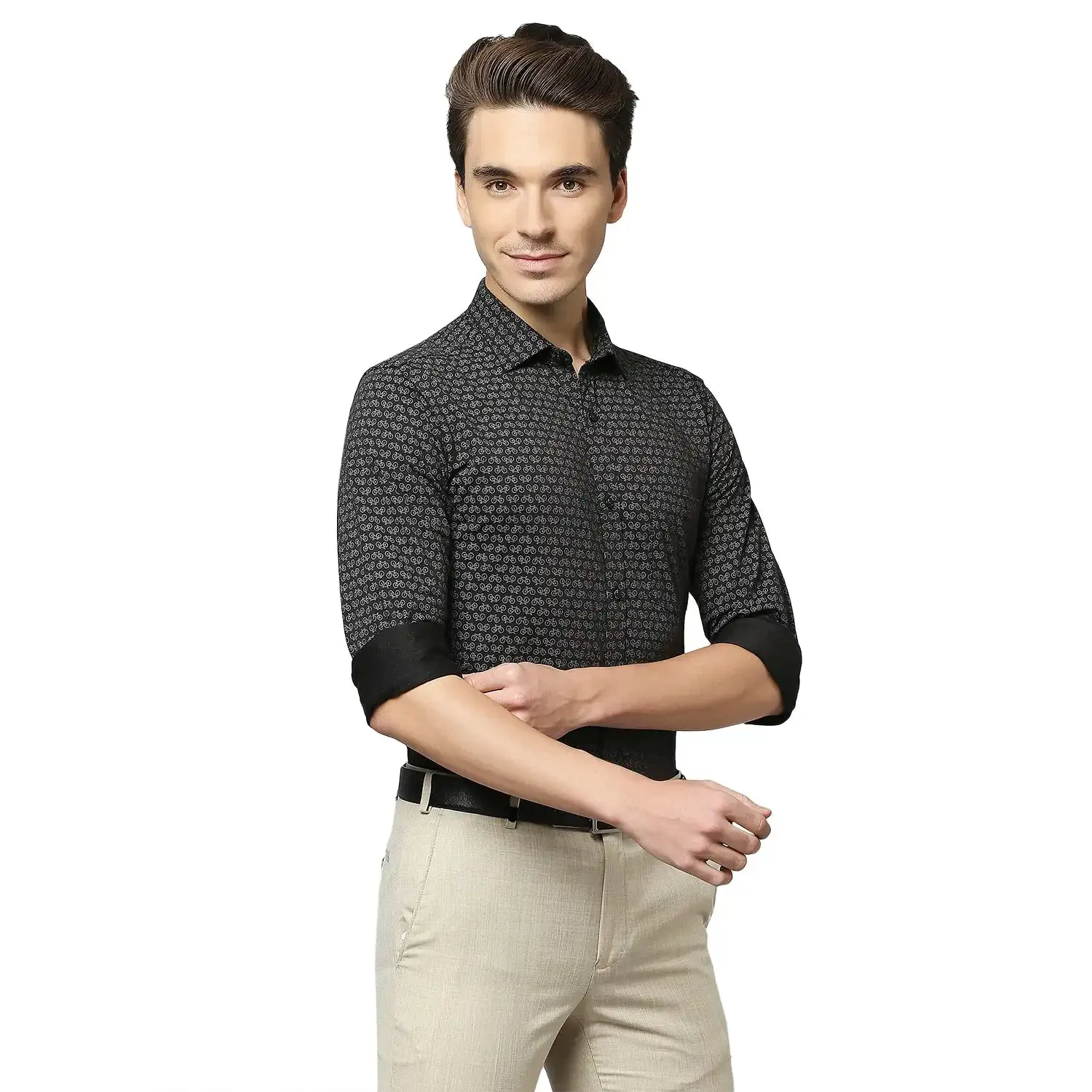 Men Black Slim Fit Print Cotton Blend Shirts