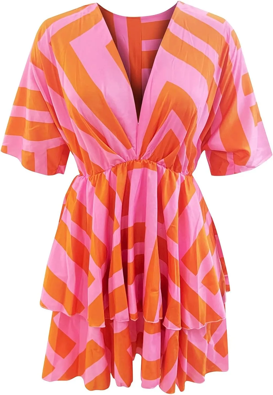 Mini Dresses for Women Summer Boho Floral V Neck Batwing Sleeve Tiered Ruffle Dress Empire Waist Flowy A Line Vacation Dress
