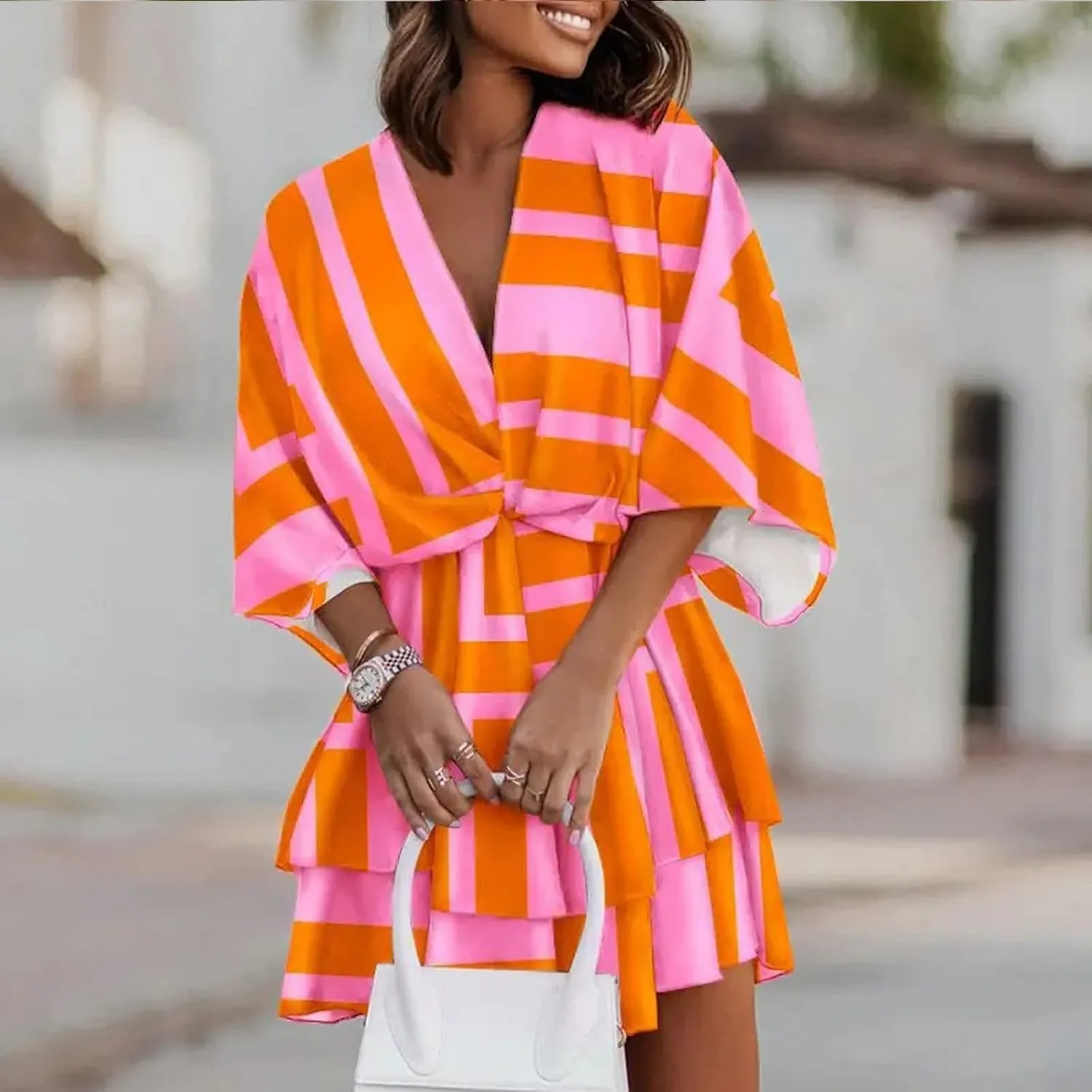 Mini Dresses for Women Summer Boho Floral V Neck Batwing Sleeve Tiered Ruffle Dress Empire Waist Flowy A Line Vacation Dress