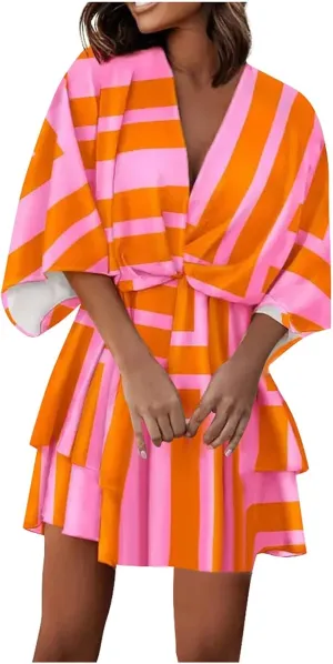 Mini Dresses for Women Summer Boho Floral V Neck Batwing Sleeve Tiered Ruffle Dress Empire Waist Flowy A Line Vacation Dress