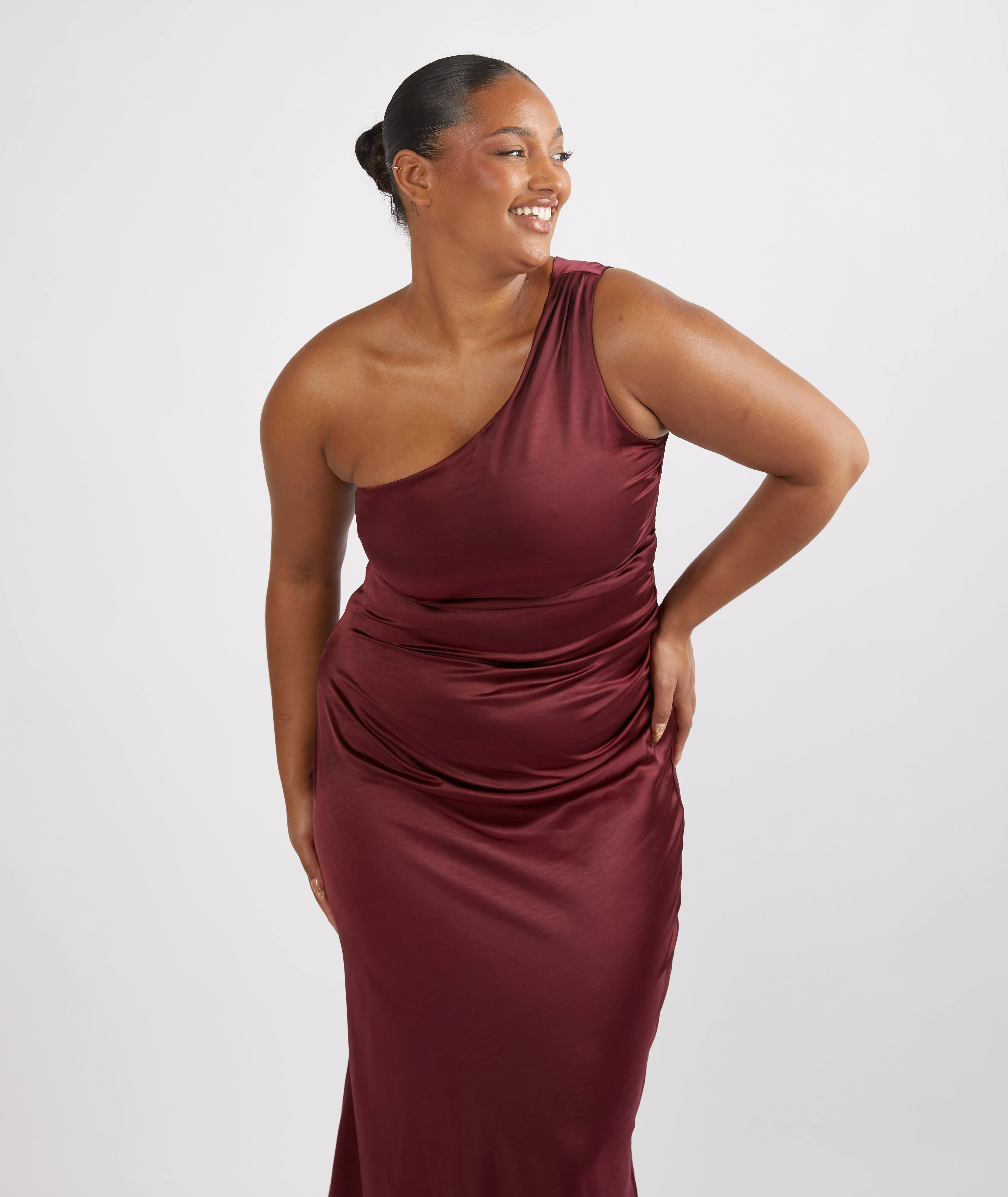 One Shoulder Satin Ruched Bridesmaid Dress - Deep Wine