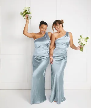 One Shoulder Satin Ruched Bridesmaid Dress - Dusty Blue