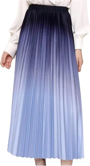 Oplxuo Women's Gradient Pleated Skirts High Waisted A-Line Maxi Skirts, Elegant Swing Flowy Long Skirt for Cocktail Party