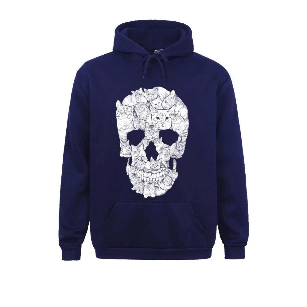 Oversize Men's Skull Print Hoodie / Rock Style Hoodie With Pockets / Male Clothing With Cats