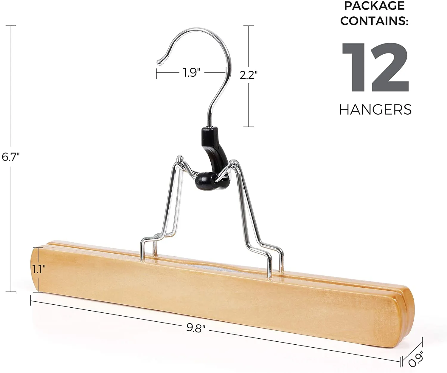 Pants Hangers, 12 Pack Solid Wood Anti-Slip Felt 360° Rotatable Hook Trouser Clamp Hanger, Natural