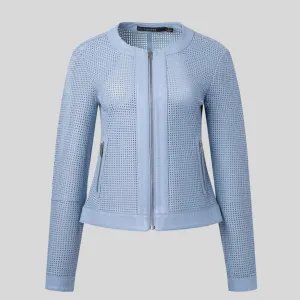Perforated Soft Leather Biker Jacket - Light Blue