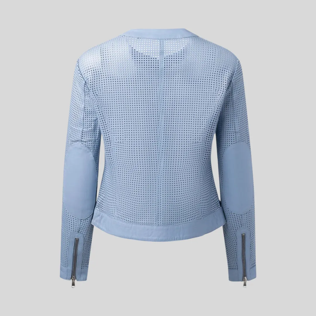 Perforated Soft Leather Biker Jacket - Light Blue
