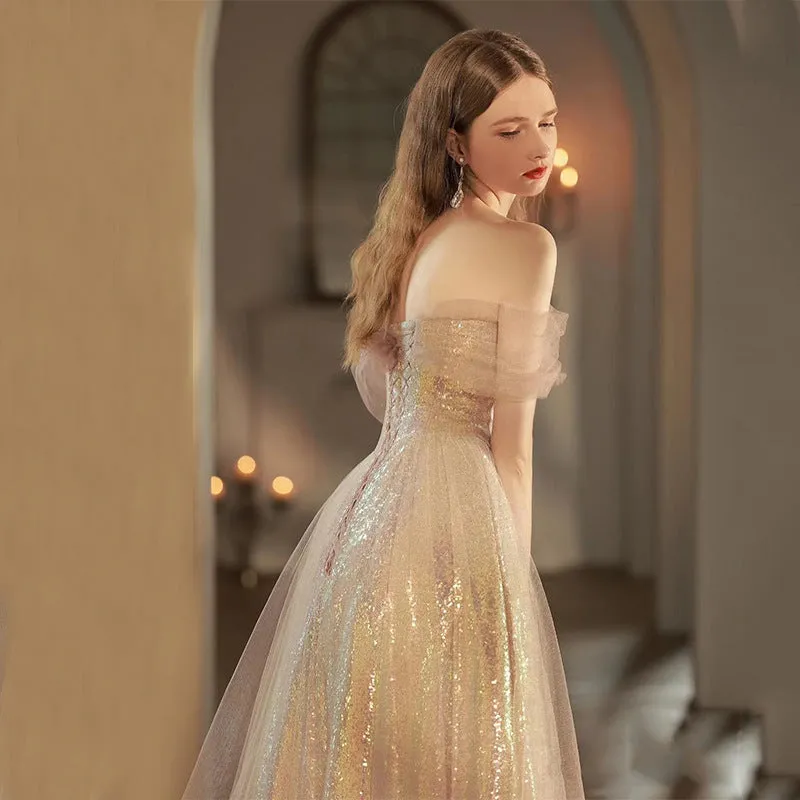 Pink A Line Tulle Shiny Prom Dress Formal Party Dress 209