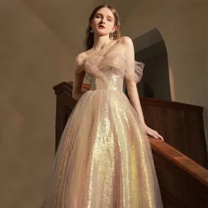 Pink A Line Tulle Shiny Prom Dress Formal Party Dress 209