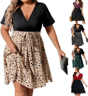 Plus Size Dresses for Curvy Women Short Sleeve Wrap V Neck Tie Waist Short Dress Swing A Line Mini Dress
