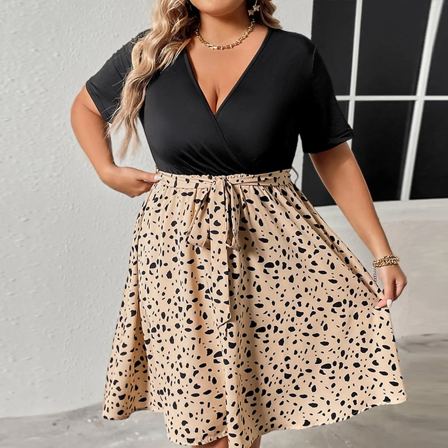 Plus Size Dresses for Curvy Women Short Sleeve Wrap V Neck Tie Waist Short Dress Swing A Line Mini Dress