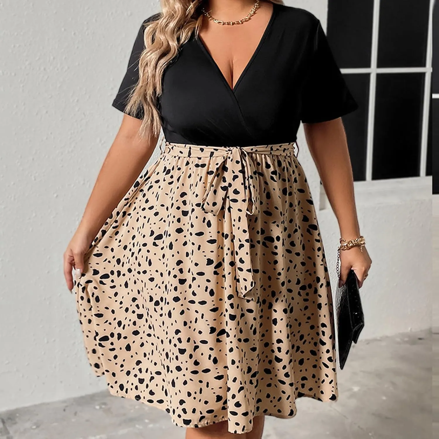 Plus Size Dresses for Curvy Women Short Sleeve Wrap V Neck Tie Waist Short Dress Swing A Line Mini Dress