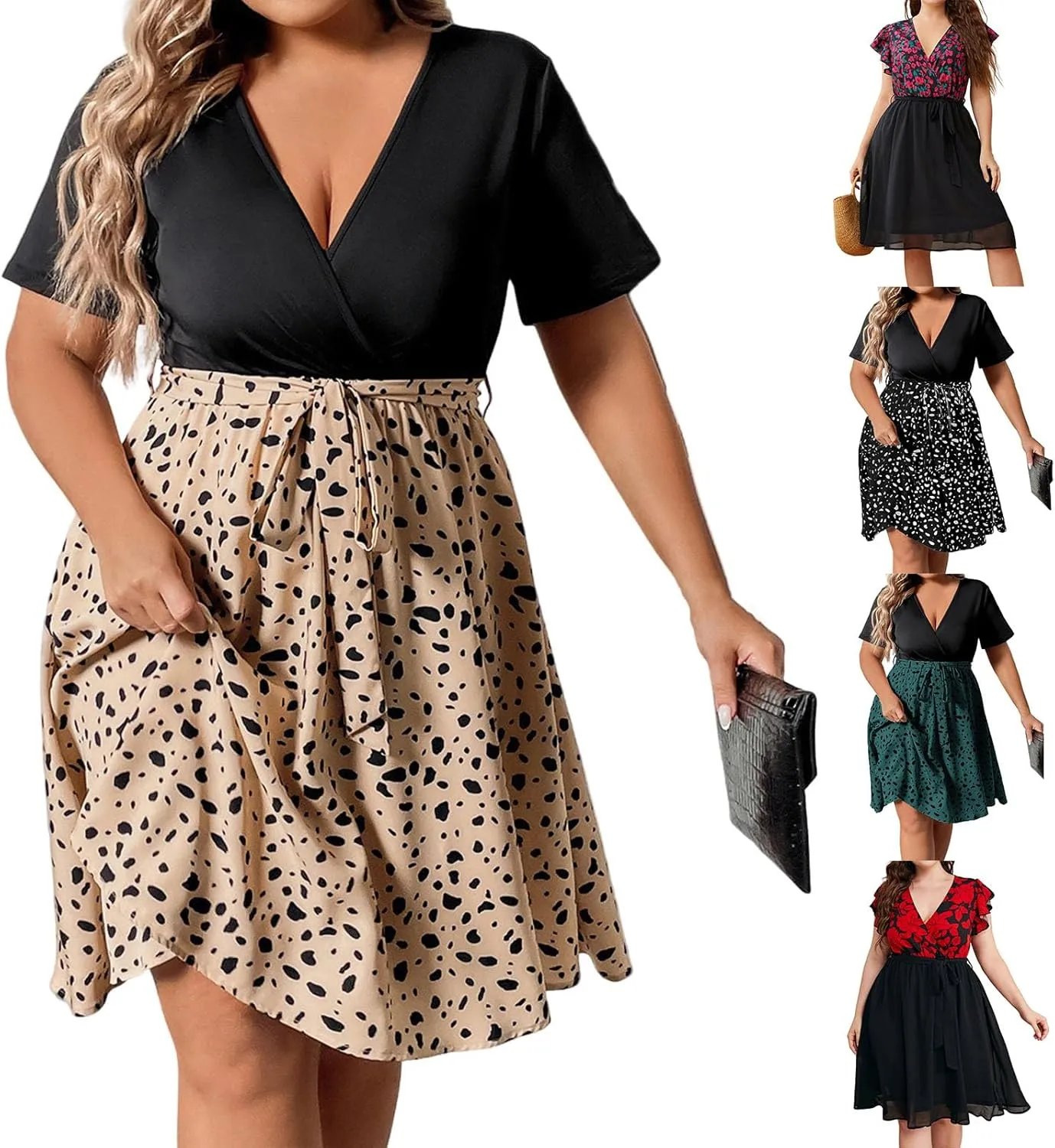 Plus Size Dresses for Curvy Women Short Sleeve Wrap V Neck Tie Waist Short Dress Swing A Line Mini Dress