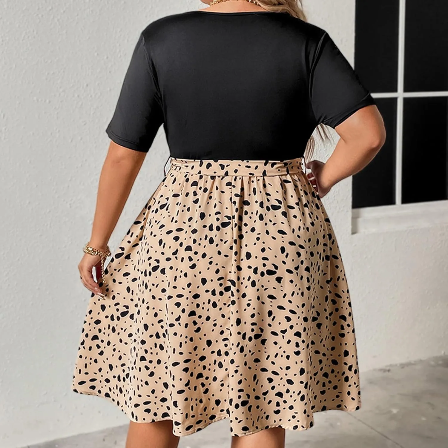 Plus Size Dresses for Curvy Women Short Sleeve Wrap V Neck Tie Waist Short Dress Swing A Line Mini Dress