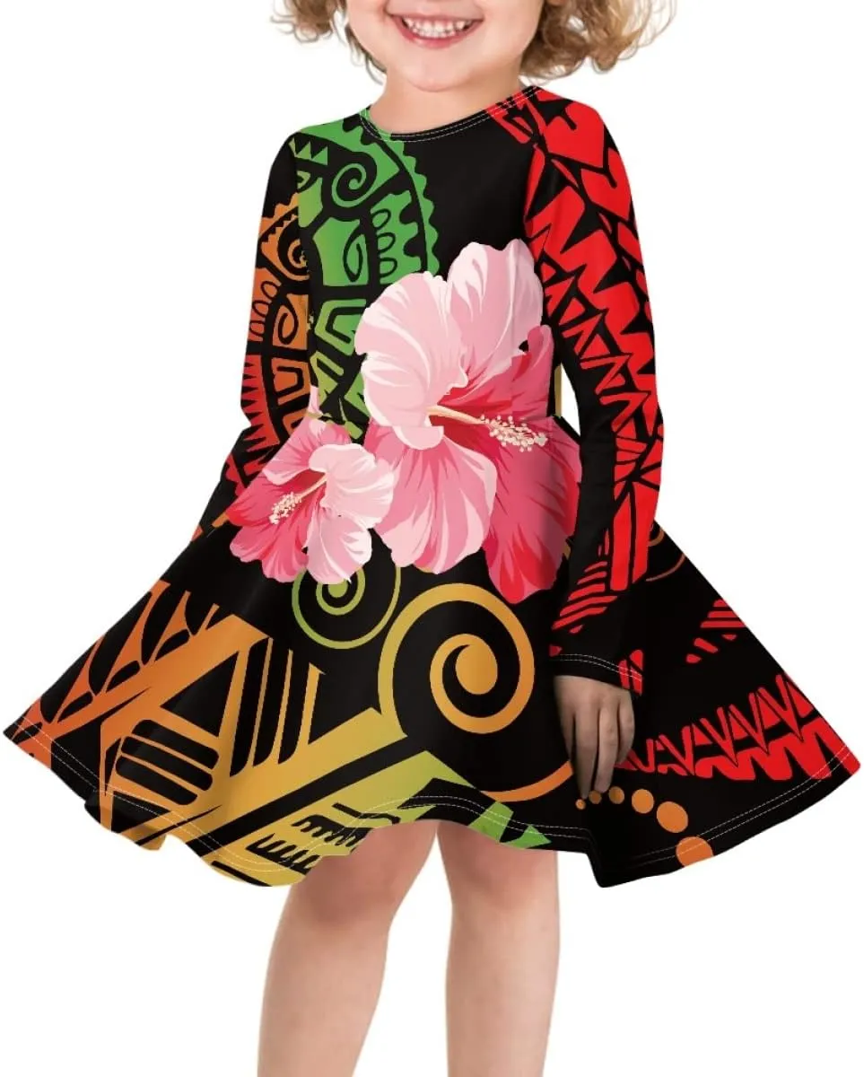Polynesian Samoa Printed Dress Summer Casual Beach Swing Long Sleeve Sundress