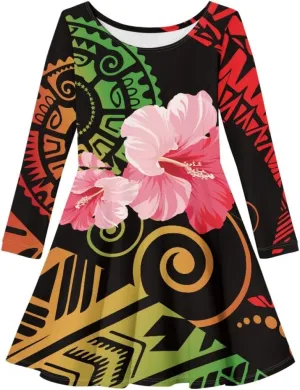 Polynesian Samoa Printed Dress Summer Casual Beach Swing Long Sleeve Sundress