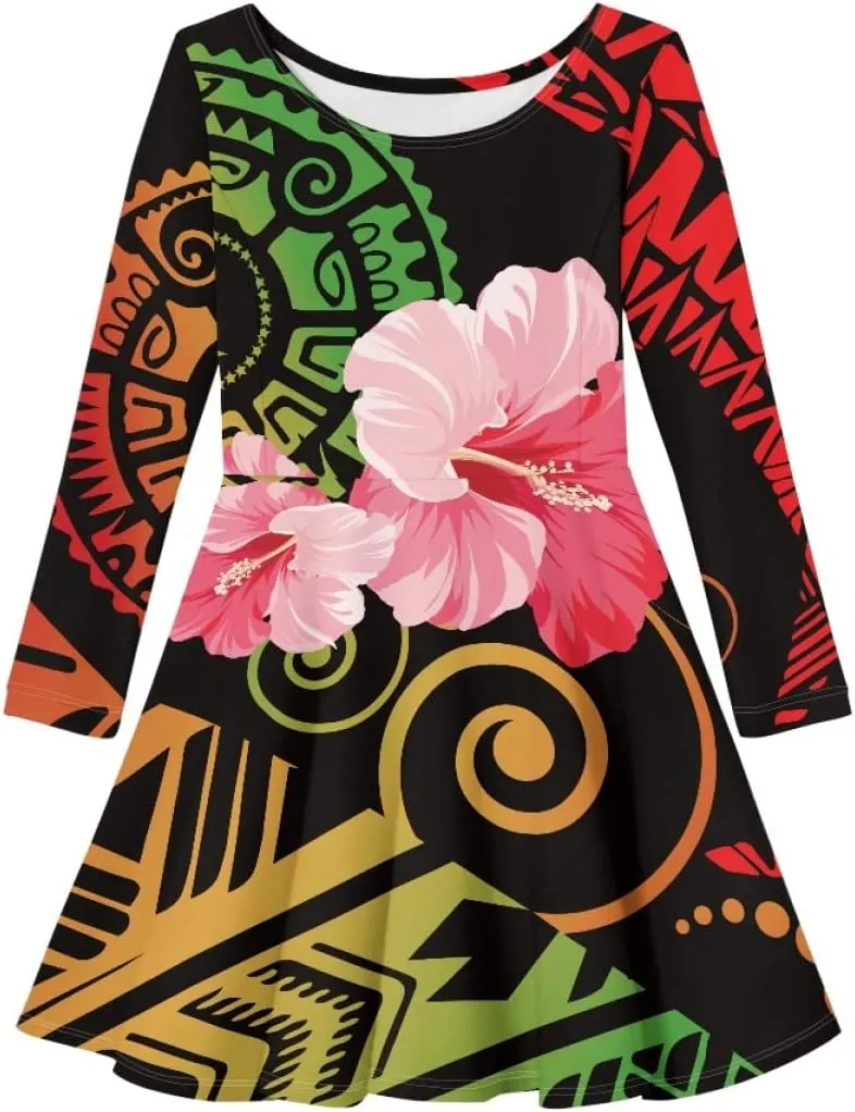 Polynesian Samoa Printed Dress Summer Casual Beach Swing Long Sleeve Sundress