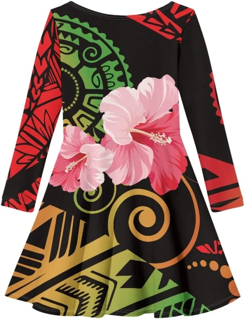 Polynesian Samoa Printed Dress Summer Casual Beach Swing Long Sleeve Sundress