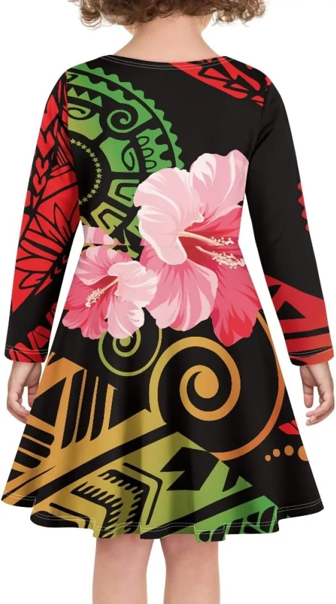Polynesian Samoa Printed Dress Summer Casual Beach Swing Long Sleeve Sundress