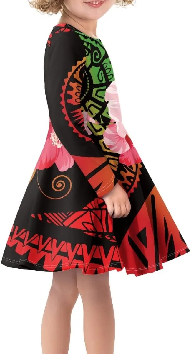 Polynesian Samoa Printed Dress Summer Casual Beach Swing Long Sleeve Sundress